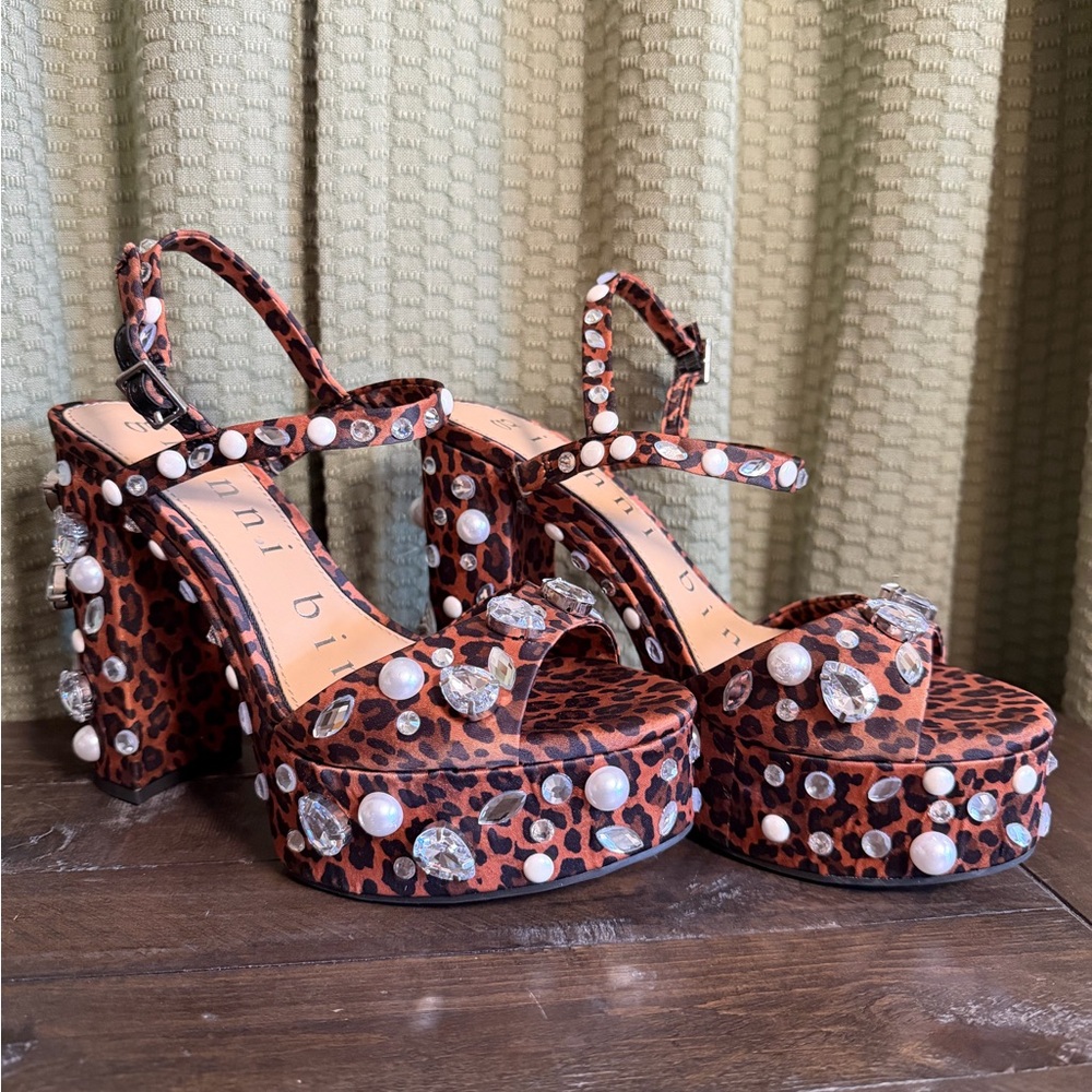 Gianni Bini Leopard Print Embellished Platform Heel Sandals - Brown - Picture 4 of 5
